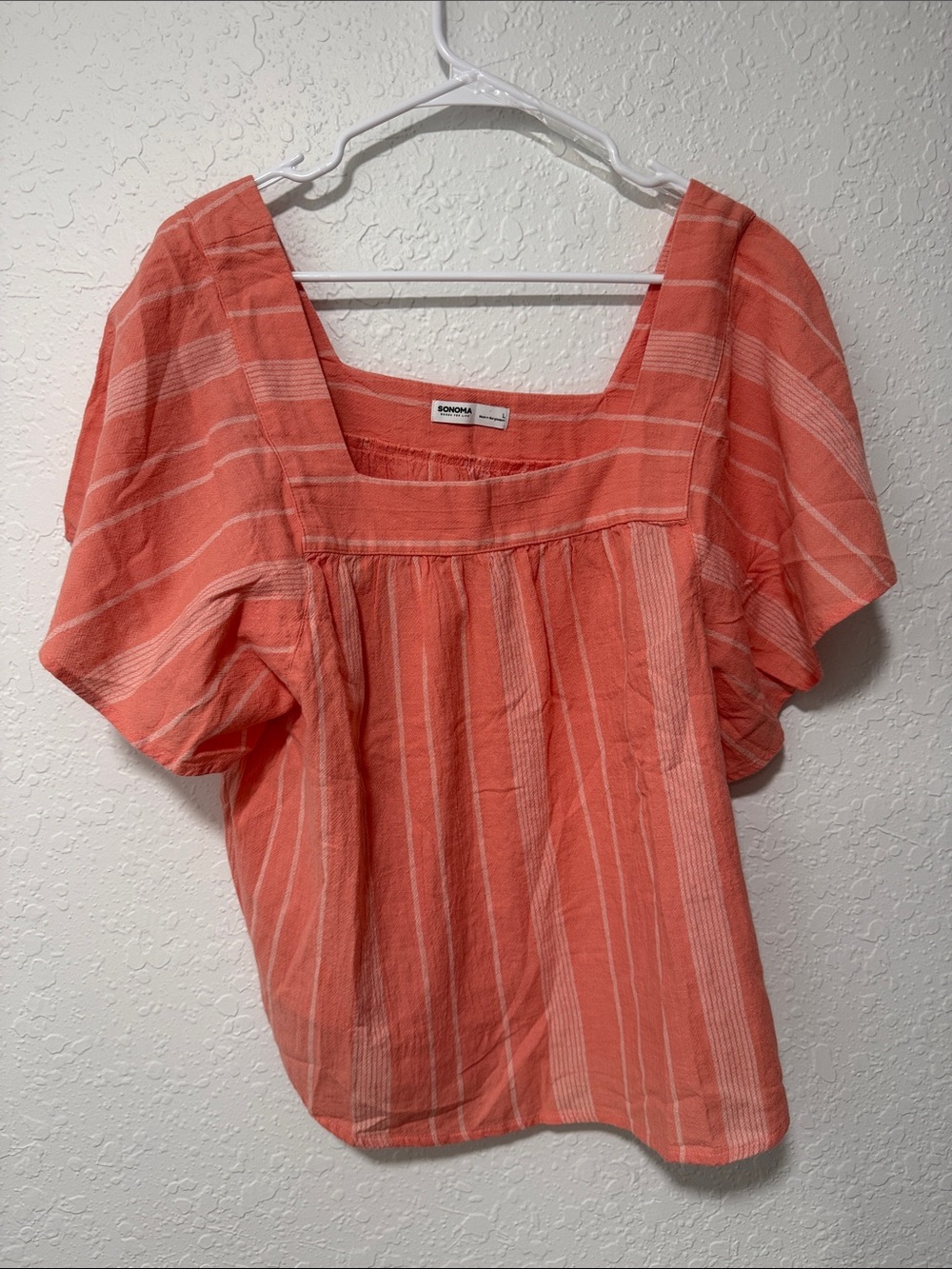NWT Sonoma Coral and Cream Striped Square-Neck Flutter Top Size Large